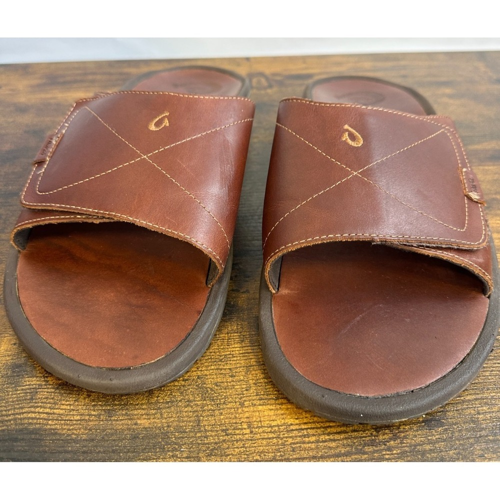 OluKai Ohana Leather Slide Mens 14 Brown Dark Wood Sandals 10137-4848 EUR 47 - Picture 2 of 14